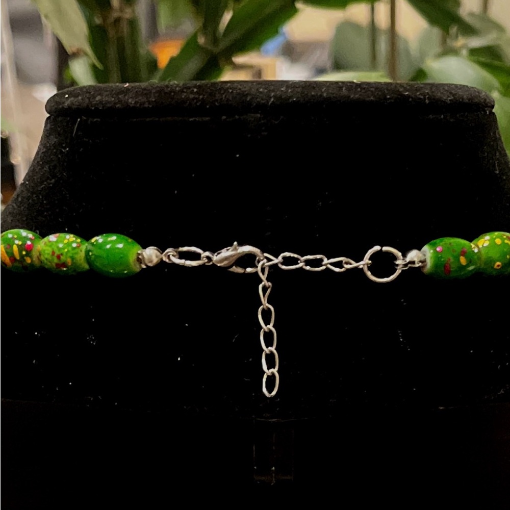 Vibrant Green Painted Glass Bead Necklace with Gold and Red Accents - Picture 3 of 3